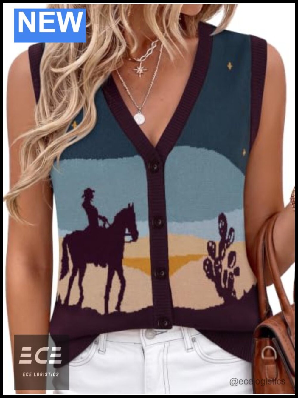 Jacquard Knit Western Sweater Vest Button Front V-Neck Sleeveless